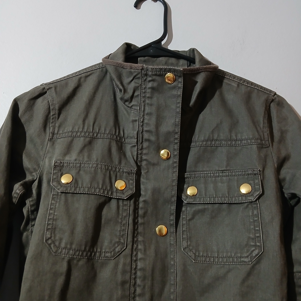 J. Crew Dark Gray Green Utility Jacket Gold Accents Snap Buttons Pockets XXS - Picture 3 of 8
